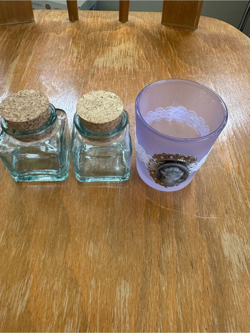 Set of 2 Mini Glasses Jars and 1 Votive Candle Holder.